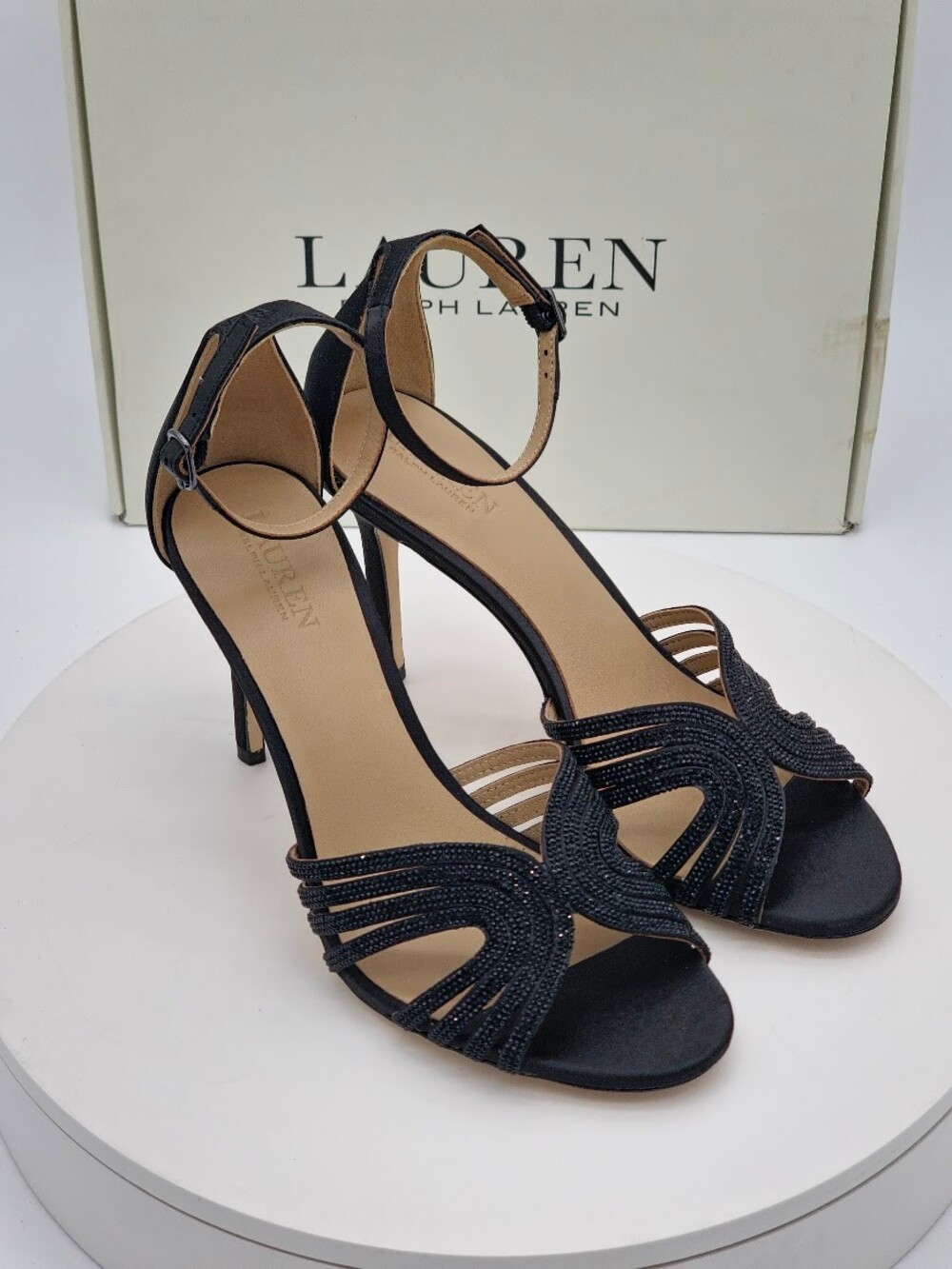 Lauren Ralph Lauren Allie Women’s Black Satin Rhinestone Heels Size 6.5 B NEW